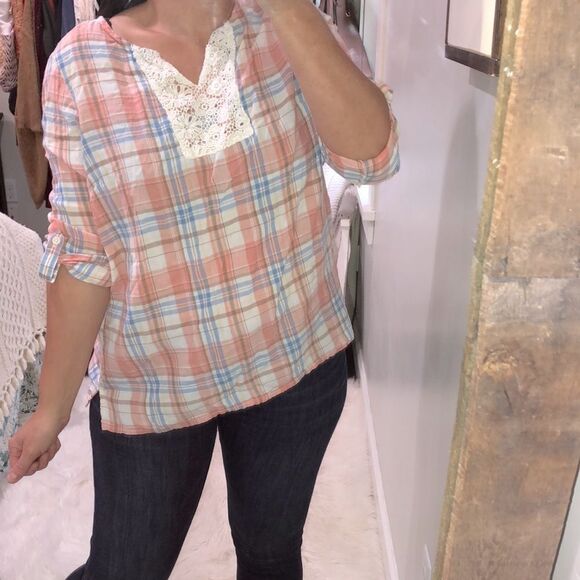 BLAIR size medium boho plaid pullover top - Picture 1 of 5